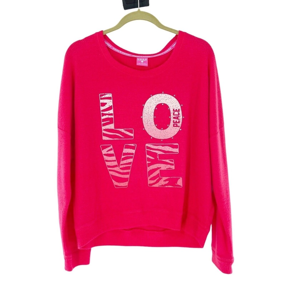 Hard Candy Women XL Pink Love Peace Graphic Pullover Sweater Barbie Sweatshirt a